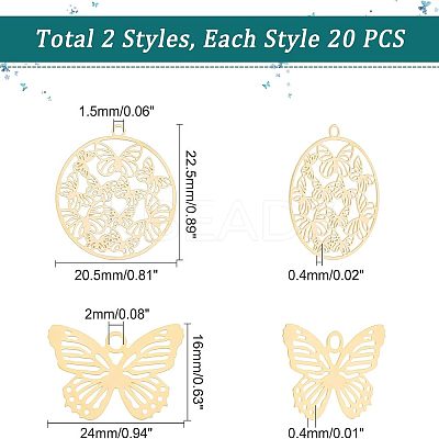 40Pcs 2 Styles 201 Stainless Steel Filigree Pendants STAS-UN0035-73-1