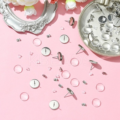 160Pcs 4 Styles Flat Round 304 Stainless Steel Stud Earring Settings with Transparent Glass Cabochons with 304 Stainless Steel Ear Nuts with Plastic Ear Nuts FIND-YW0005-37-1