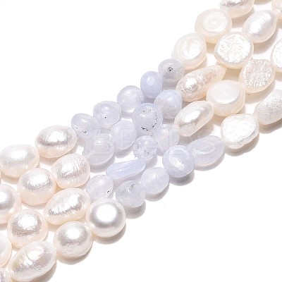 Natural Blue Lace Agate Nuggets & Natural Cultured Freshwater Pearl Beads Strands PEAR-N023-01A-04-1