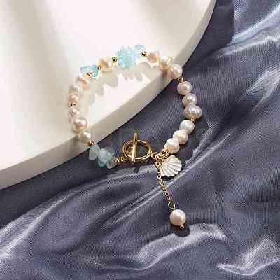 Natural Aquamarine Chip Beaded Bracelet BJEW-TA00032-04-1