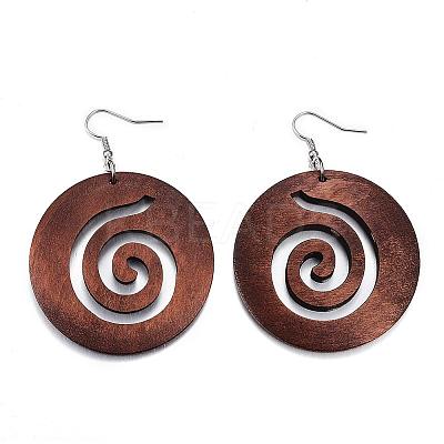Trendy Flat Round Wood Dangle Earrings EJEW-F062-C02-1