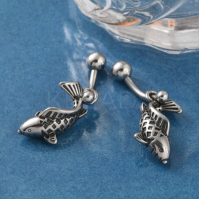 Fish 316 Surgical Stainless Steel Dangle Belly Button Rings EJEW-G416-15AS-1