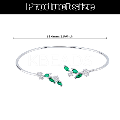 1Pc Elegant Brass Cubic Zirconia Leaf Cuff Bangles for Women BJEW-LP0003-33P-02-1