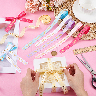 6 Rolls 6 Colors Gold Stamping Happy Mother's Day Polyester Printed Ribbons OCOR-PH0004-40-1