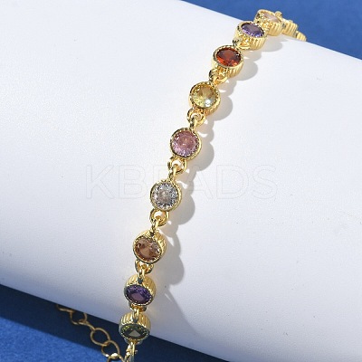 Flat Round Brass Pave Cubic Zirconia Link Chain Bracelets for Women BJEW-P385-01G-1