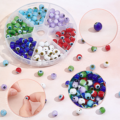 144Pcs 6 Colors Handmade Evil Eye Lampwork Round Bead LAMP-NB0001-76B-1