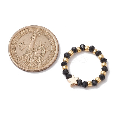 Glass Stretch Rings with Golden Plated Star & Moon Brass Beads RJEW-JR00660-03-1