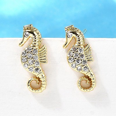 Sea Horse Brass Micro Pave Cubic Zirconia Ear Studs EJEW-D304-38G-1