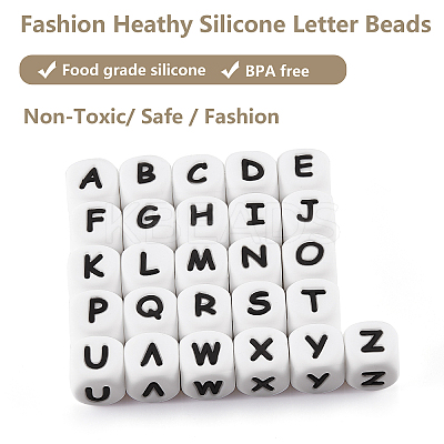 20Pcs White Cube Letter Silicone Beads 12x12x12mm Square Dice Alphabet Beads with 2mm Hole Spacer Loose Letter Beads for Bracelet Necklace Jewelry Making JX432W-1