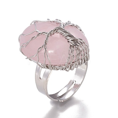 Adjustable Natural Rose Quartz Finger Rings RJEW-L090-B07-1