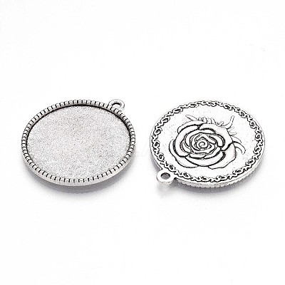 Tibetan Style Carved Rose Alloy Flat Round with Rose Pendant Cabochon Settings TIBEP-Q045-024AS-RS-1