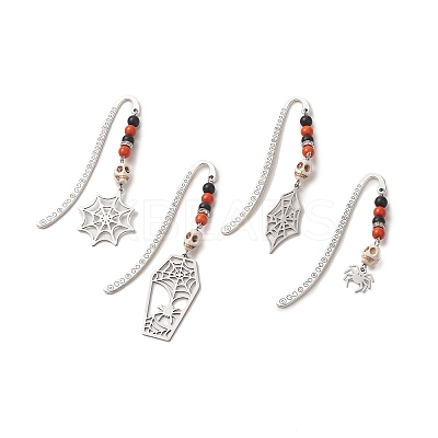 Halloween Theme Coffin Spider Web Alloy Hook Bookmarks AJEW-JK00217-1