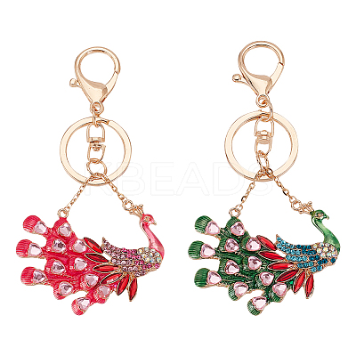 2Pcs 2 Colors Peacock Enamel Style Alloy Rhinestone Keychains KEYC-OC0001-37-1