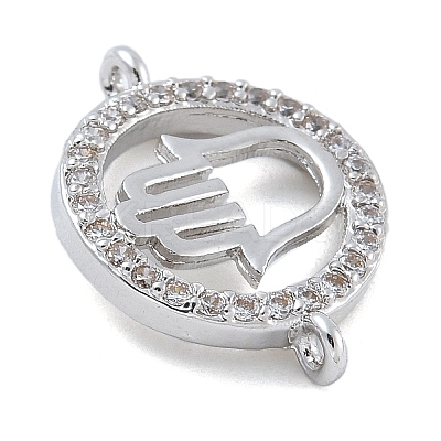 Rack Plating Brass Micro Pave Clear Cubic Zirconia Flat Round with Hamsa Hand Connector Charms KK-A234-039P-1