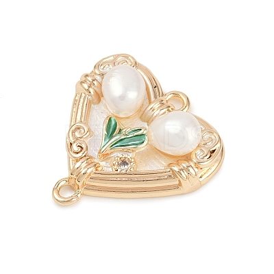 Brass Enamel & Natural Pearl Heart with Flower Connector Charms KK-K351-52G-01-1