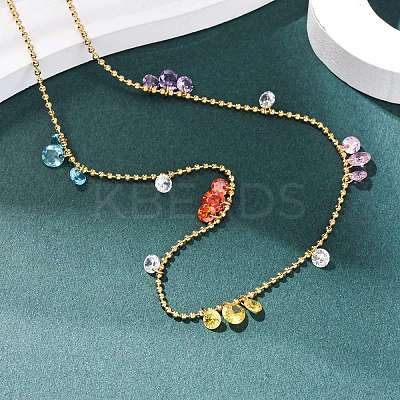 304 Stainless Steel Ball Chain Colorful Cubic Zirconia Flat Round Tassel Necklaces for Women NJEW-A051-03G-01-1