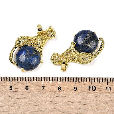 Dyed Natural Lapis Lazuli Ball with Leopard Shape Brass Pendants KK-F887-04G-23-1