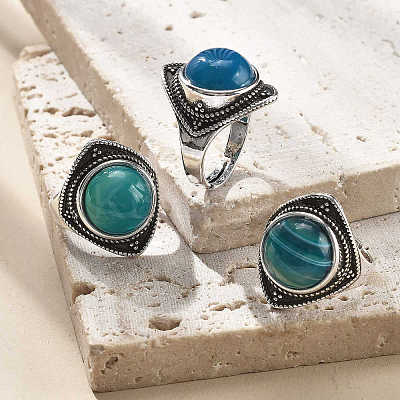 Natural Banded Agate Adjustable Rings G-P560-03AS-16-1