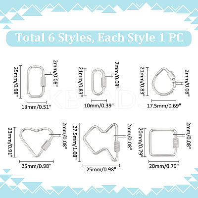 6Pcs 6 Styles 304 Stainless Steel Screw Carabiner Lock Charms STAS-UN0059-96-1