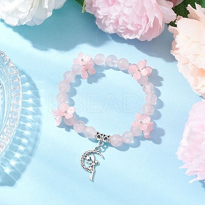 Natural Rose Quartz Round Beaded Charm Bracelets BJEW-TA00615-03-1