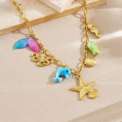 Ocean 304 Stainless Steel & Plastic Starfish Sea Horse Fish Pendant Necklaces for Women NJEW-G180-04G-1
