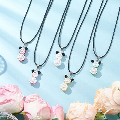 Glass Seed Beads & Glass Pearl Round Beaded Bear Pendant Waxed Cotton Cord Necklaces for Women Men NJEW-MZ00126-1