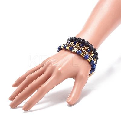 4Pcs 4 Style Natural Lava Rock & Lapis Lazuli(Dyed) & Synthetic Hematite Stretch Bracelets Set with Alloy Shell Beaded BJEW-JB08738-1