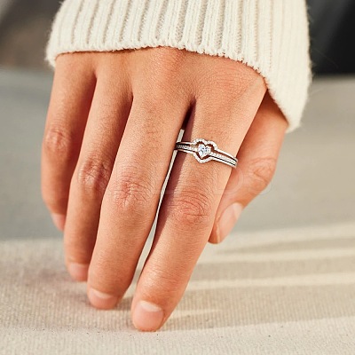 2Pcs Heart 925 Sterling Silver Micro Pave Clear Cubic Zirconia Finger Rings for Women FS-WG4005F-01-1