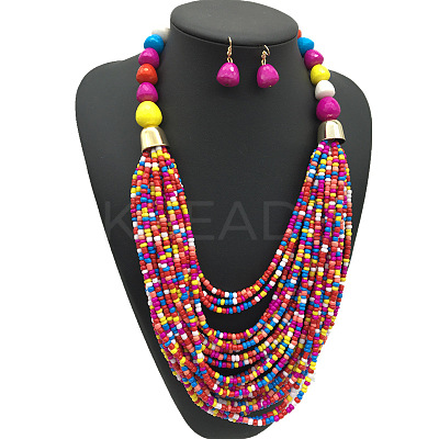 Bohemian Alloy & Resin & Glass Seed Beaded Multilayer Necklaces & Dangle Earrings FS-WG32A45-07-1