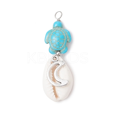 5Pcs 5 Styles Natural Cowrie Shell & Dyed Synthetic Turquoise Turtle Copper Wire Wrapped Pendants PALLOY-JF04034-02-1