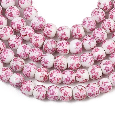 Handmade Flower Printed Porcelain Ceramic Beads Strands X-PORC-M005-6mm-03-1