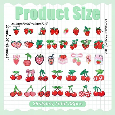 38Pcs 2 Sets 2 Styles Strawberry & Cherry Polyester Embroidered Cloth Patch PATC-WR0001-32-1