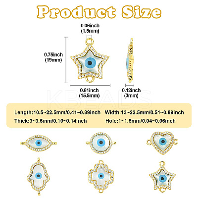 6Pcs 6 Styles Brass Micro Pave Clear Cubic Zirconia & Natural Shell Evil Eye Links Connector Charms KK-CJ0003-44-1