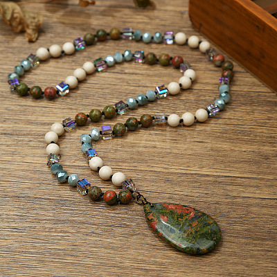Natural Unakite Flat Teardrop Pendant Round Gems and Cube Glass Beaded Long Necklaces for Women FS-WG9FE58-06-1