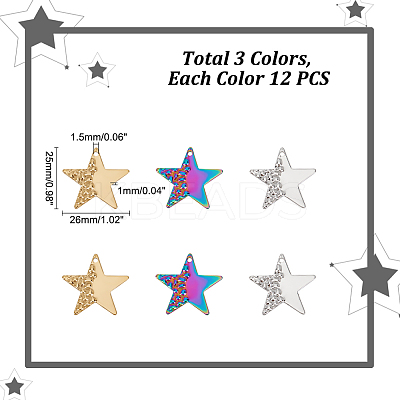 36Pcs 3 Colors Ion Plating(IP) 304 Stainless Steel Pendants STAS-UN0044-92-1