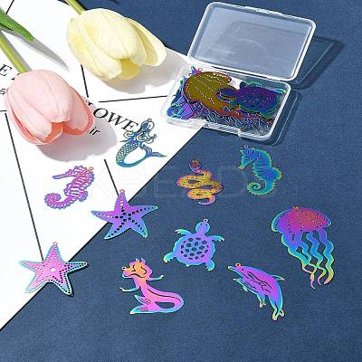 20Pcs 10 Styles Ion Plating(IP) 201 Stainless Steel Etched Metal Embellishments Pendants STAS-FS0001-52-1