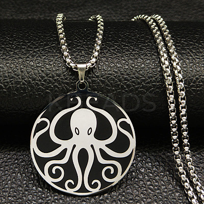 201 Stainless Steel Black Enamel Flat Round with Octopus Pendant Necklaces LS-NJEW-K283-31P-1