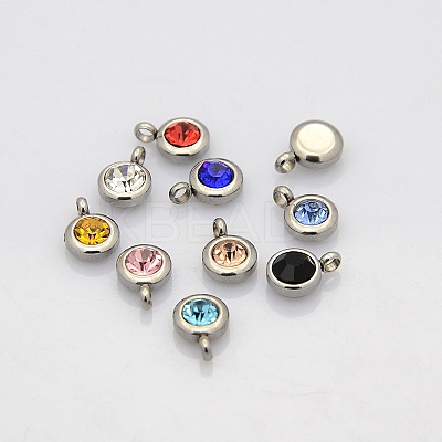 Trendy Original Color 304 Stainless Steel Faceted Grade A Rhinestone Flat Round Charms Pendants RB-N030-01-1