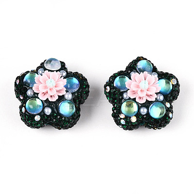 Flower Shape Polymer Clay Rhinestone Beads CLAY-U023-01G-1