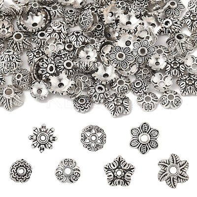 400Pcs 7 Style Tibetan Style Alloy Bead Caps TIBE-YW0001-80-1