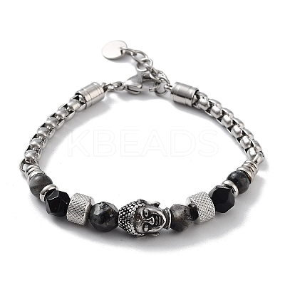 Buddha Head Natural Mixed Gemstone Faceted Beaded Bracelets with 201 Stainless Steel Lobster Claw Clasps BJEW-Q334-10-1