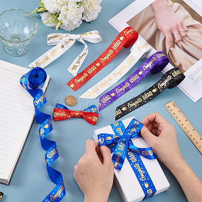 5 Rolls 5 Colors Gold Stamping Congrats Polyester Printed Ribbons OCOR-PH0004-41-1