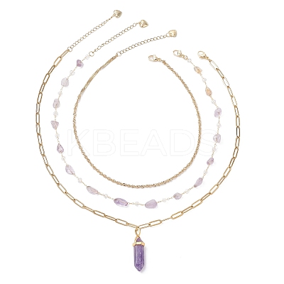Natural Amethyst Double Terminated Pointed Bullet Pendant 304 Stainless Steel & Brass Chain 3 Layer Necklaces for Women NJEW-JN05477-01-1