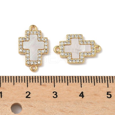 Brass Micro Pave Clear Cubic Zirconia and Natural Shell Cross Connector Charms KK-Z115-09G-1