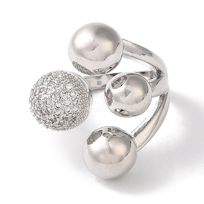 Brass Micro Pave Clear Cubic Zirconia Round Ball Open Cuff Rings for Women LS-RJEW-C098-18P-1