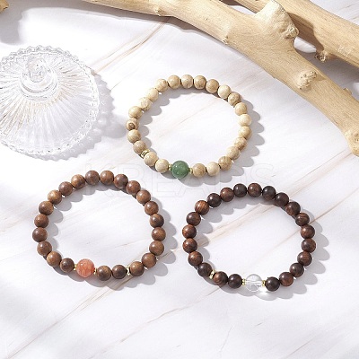 3Pcs Natural African Padauk Wood & Sandalwood & Wood & Striped Agate & Green Aventurine & Quartz Crystal Round Beaded Stretch Bracelets for Women BJEW-JB11929-1