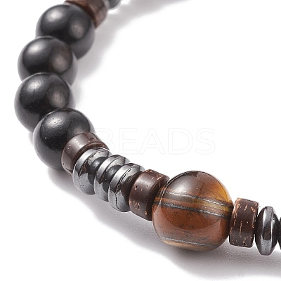 Natural Tiger Eye & Coconut & Wood Beaded Stretch Bracelet BJEW-JB08267-1