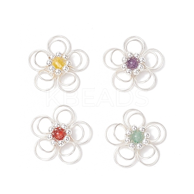 4Pcs 4 Styles Natural Amethyst & Quartz Crystal & Green Aventurine & Carnelian Round Copper Wire Wrapped Flower Pendants PALLOY-TA00259-1