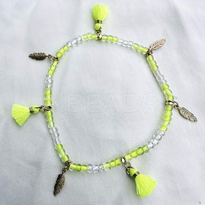 Bohemian Style Alloy Feather Charm Tassel Plastic Seed Beaded Stretch Anklets FS-WGB8A48-05-1
