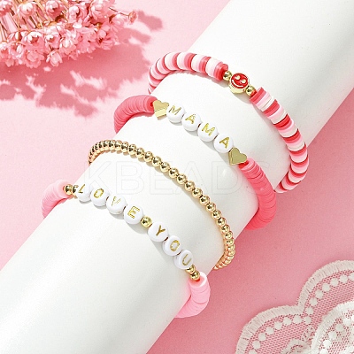 4Pcs 4 Style Mother's Day Theme Polymer Clay Heishi Surfer Stretch Bracelets Set BJEW-TA00360-1